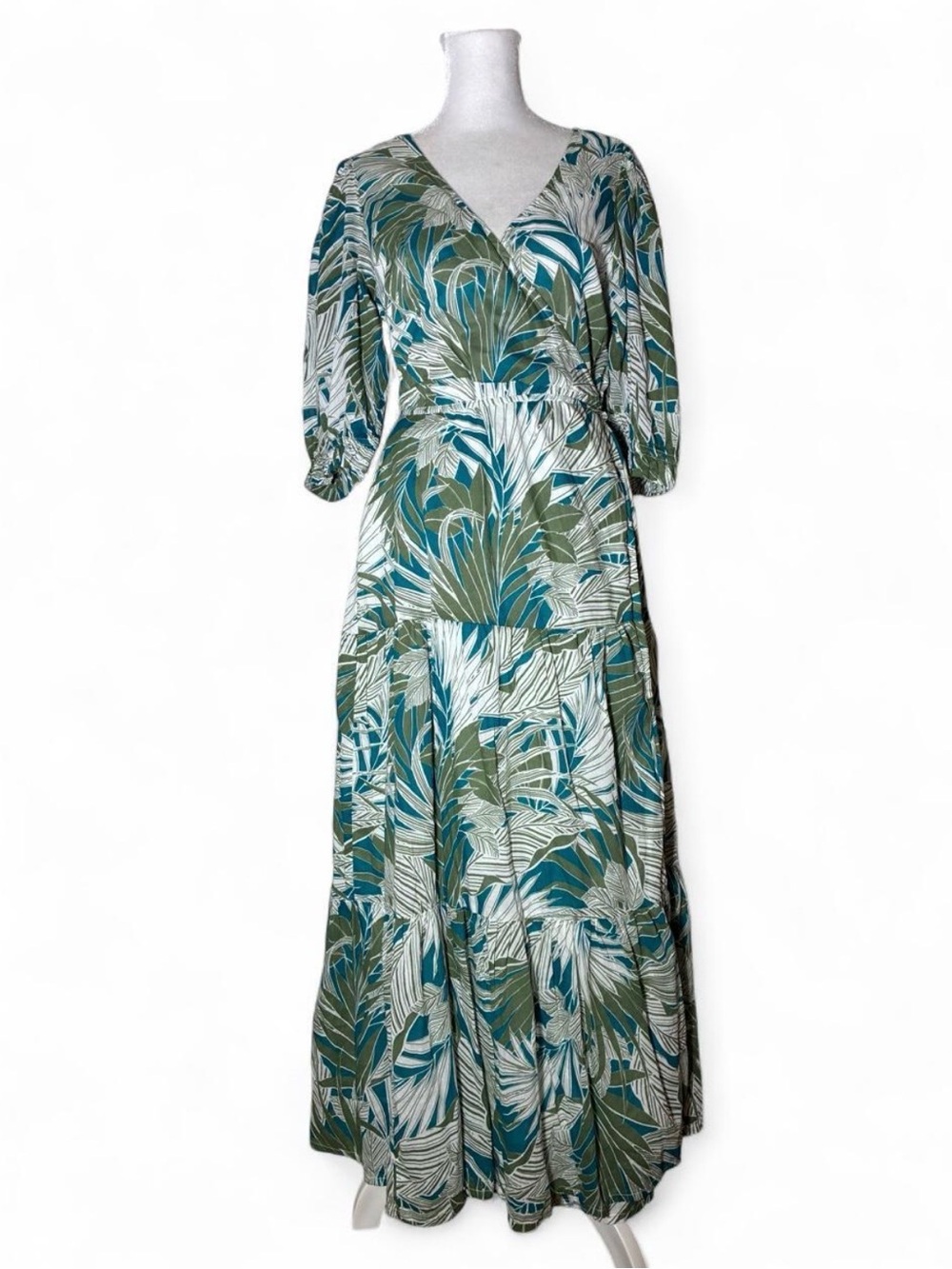 Molly Bracken Tropical Leaf Print Boho Resort Vacation Maxi Wrap Dress Medium - Picture 2 of 8